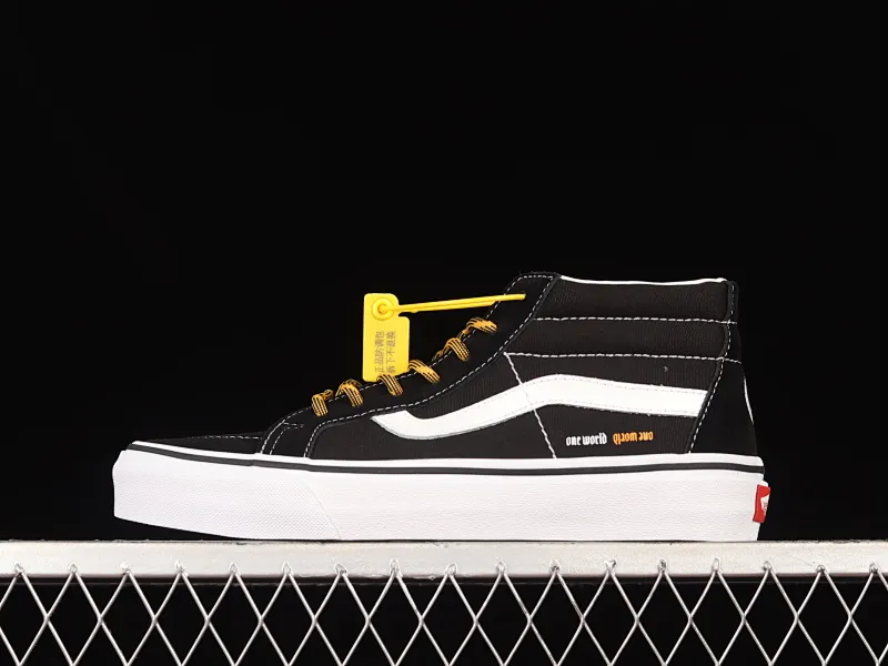 All categories Vans Vans series Vans Mid Vans China Coutie Vans x One World 2 joint limited edition black and yellow letter mid-top casual canvas shoes VN0A391F3TGT
